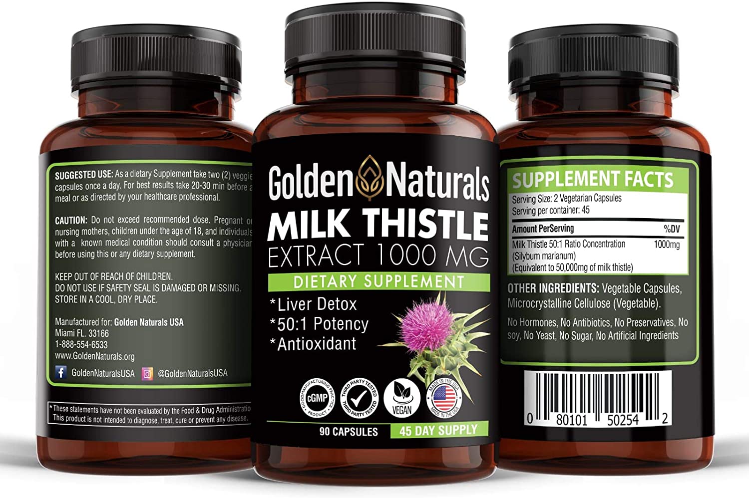 Organic Milk Thistle 1000 Milligram, Highly Potent 50:1 (Silymarin Marianum) Concentrated Extract for Liver Care and Detox, 90 Veggie Capsules